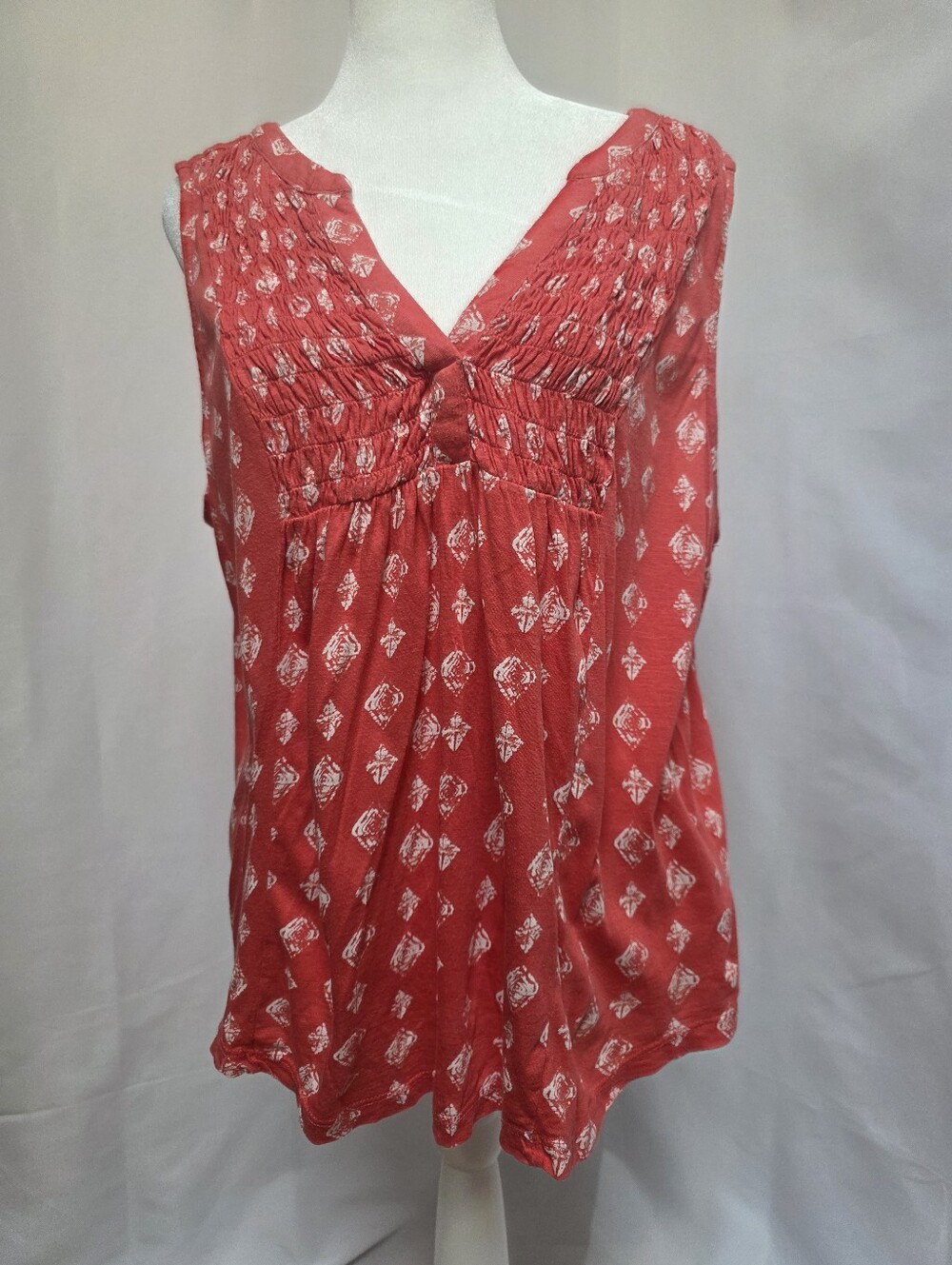 Lucky Brand Coral Boho Sleeveless Smocked Print Top XL